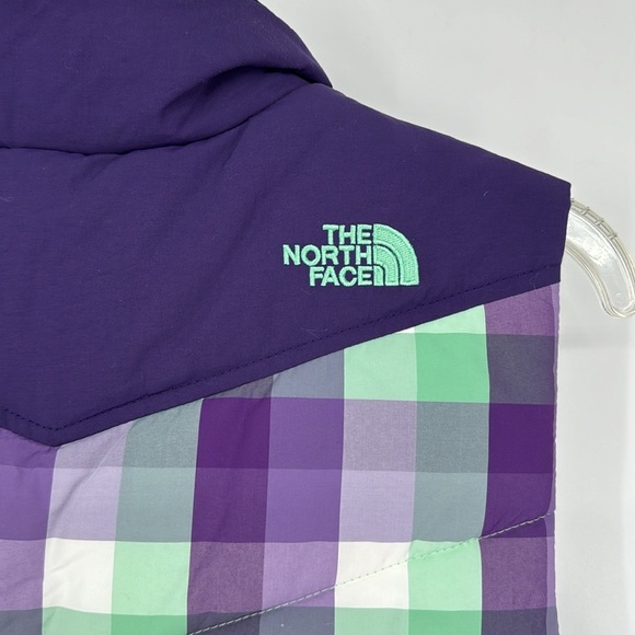 The North Face Girl's Reversible Plaid Puffer Vest Purple Mint White - Picture 9 of 11